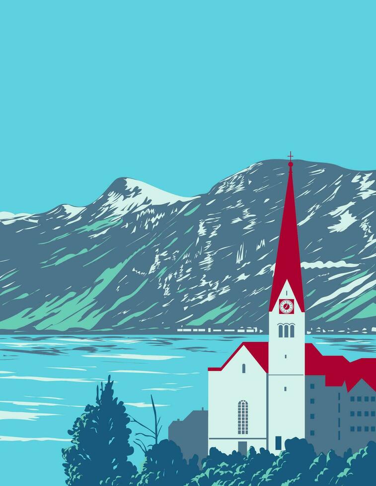 lago Hallstatt con salzkammergut montañas en Austria wpa Arte deco póster vector