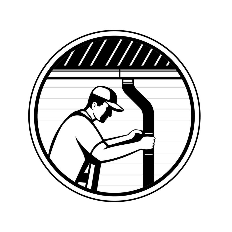 Roof Plumber or Roof Contractor Installing Gutters Downpipes Circle Retro vector