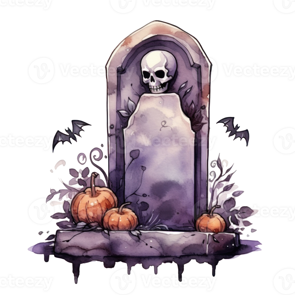 Watercolor halloween cute cartoon tombstone isolated. Illustration AI Generative png