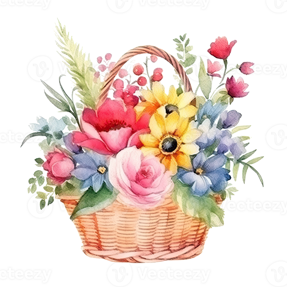 Cute watercolor flowers in basket. Illustration AI Generative 25249307 PNG