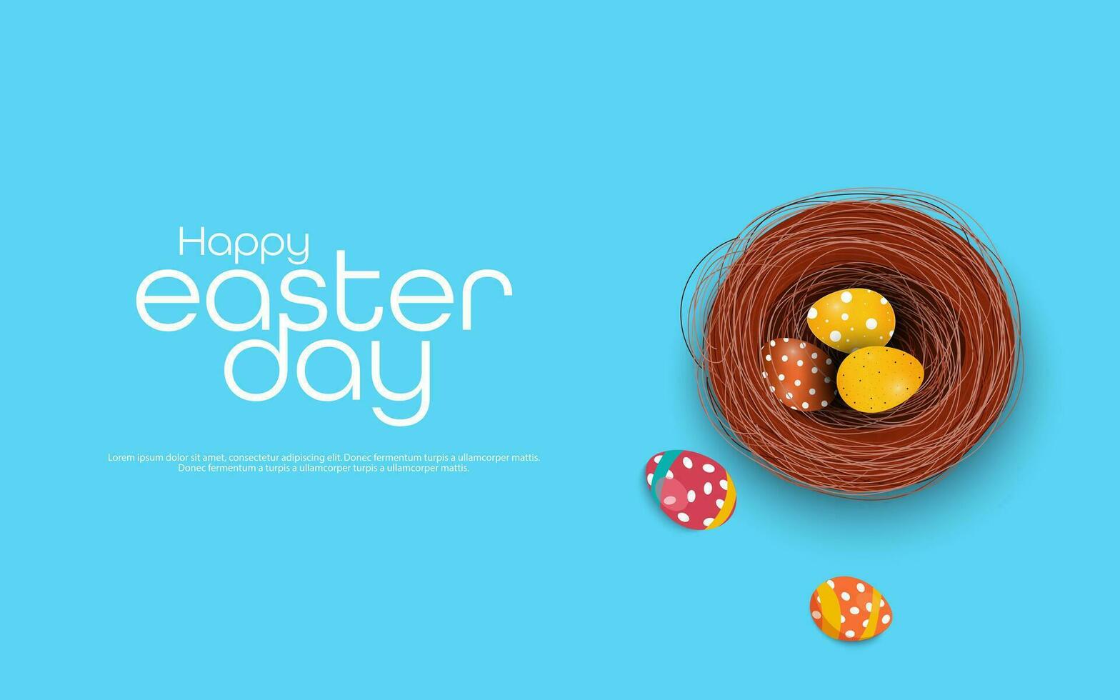 Happy Easter poster and banner template with Easter eggs in the nest on blue background. Topic for website advertising and shopping template for Easter vector