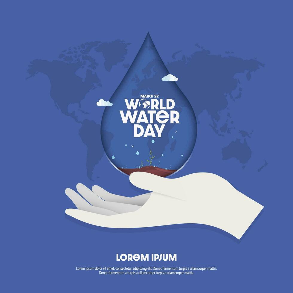 mundo agua día diseño manos salvar agua soltar con antecedentes de mundo mapa. mundo agua día póster Campaña en marzo 22 vector