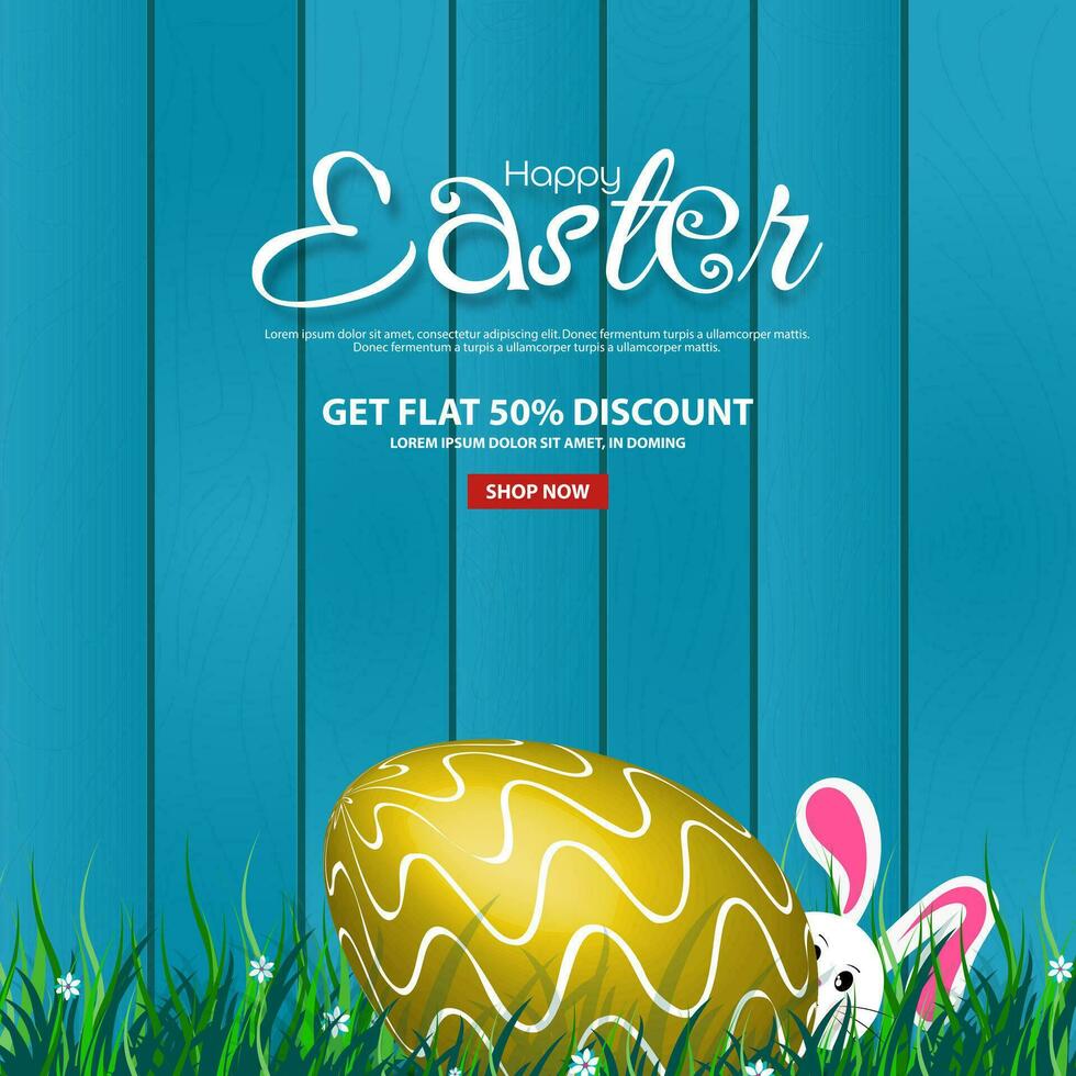 Easter Sales Banner Discount Template Beautiful rabbit peeking out from behind eggs on a wooden background. Vector illustration.