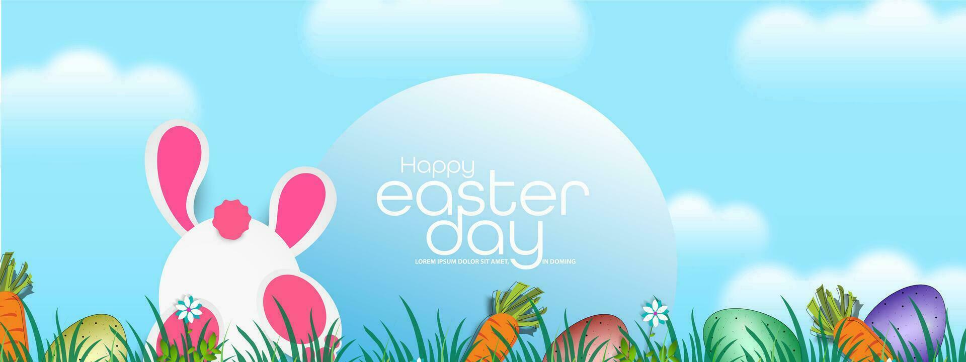 vector ilustración de el Pascua de Resurrección póster y el bandera con conejos y hermosamente pintado huevos en el césped en el antecedentes de el azul cielo.