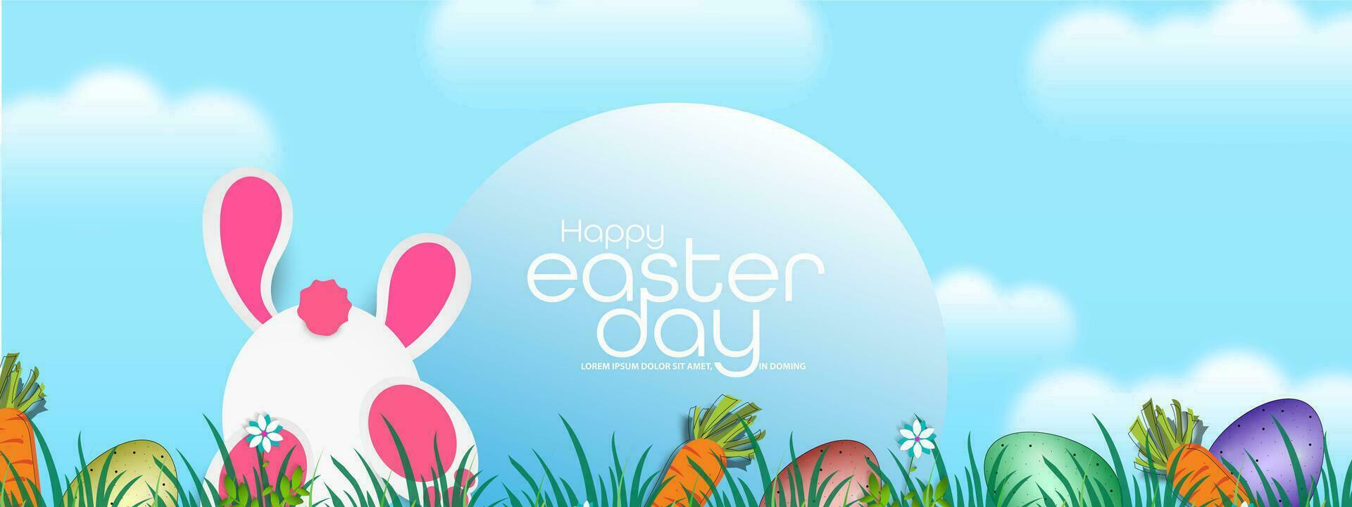 Vector Illustration of the Easter poster and the banner with rabbits and beautifully painted eggs on the grass in the background of the blue sky.