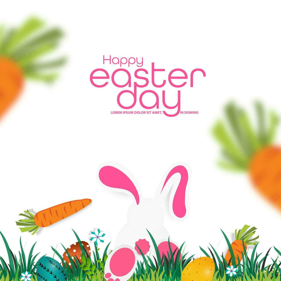 Vector Illustration of Easter poster or banner template with rabbits and beautifully painted eggs with carrots on a white background.