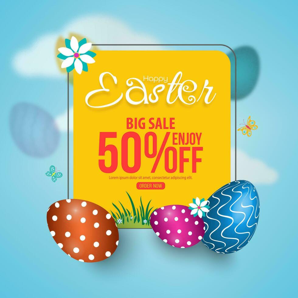 Easter sale poster or banner template with beautiful colorful Easter eggs. Greeting card for Easter, promotion and shopping template. vector