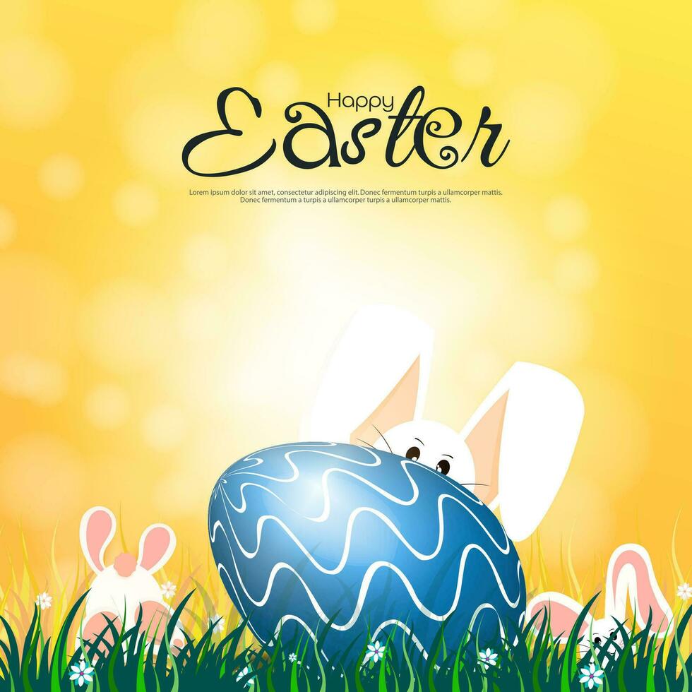 Easter theme with cute rabbits playing in the grass and flowers on a natural background with sunlight. Vector illustration.