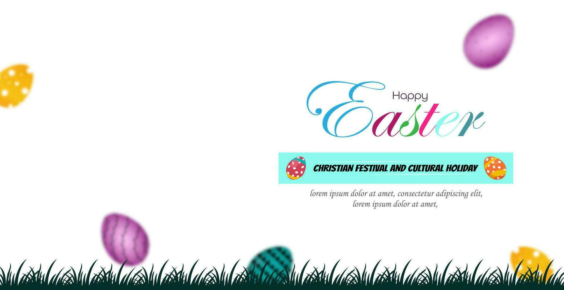 Happy Easter. Multicolor painted holiday eggs on the grass. Greeting card, invitation design. vector