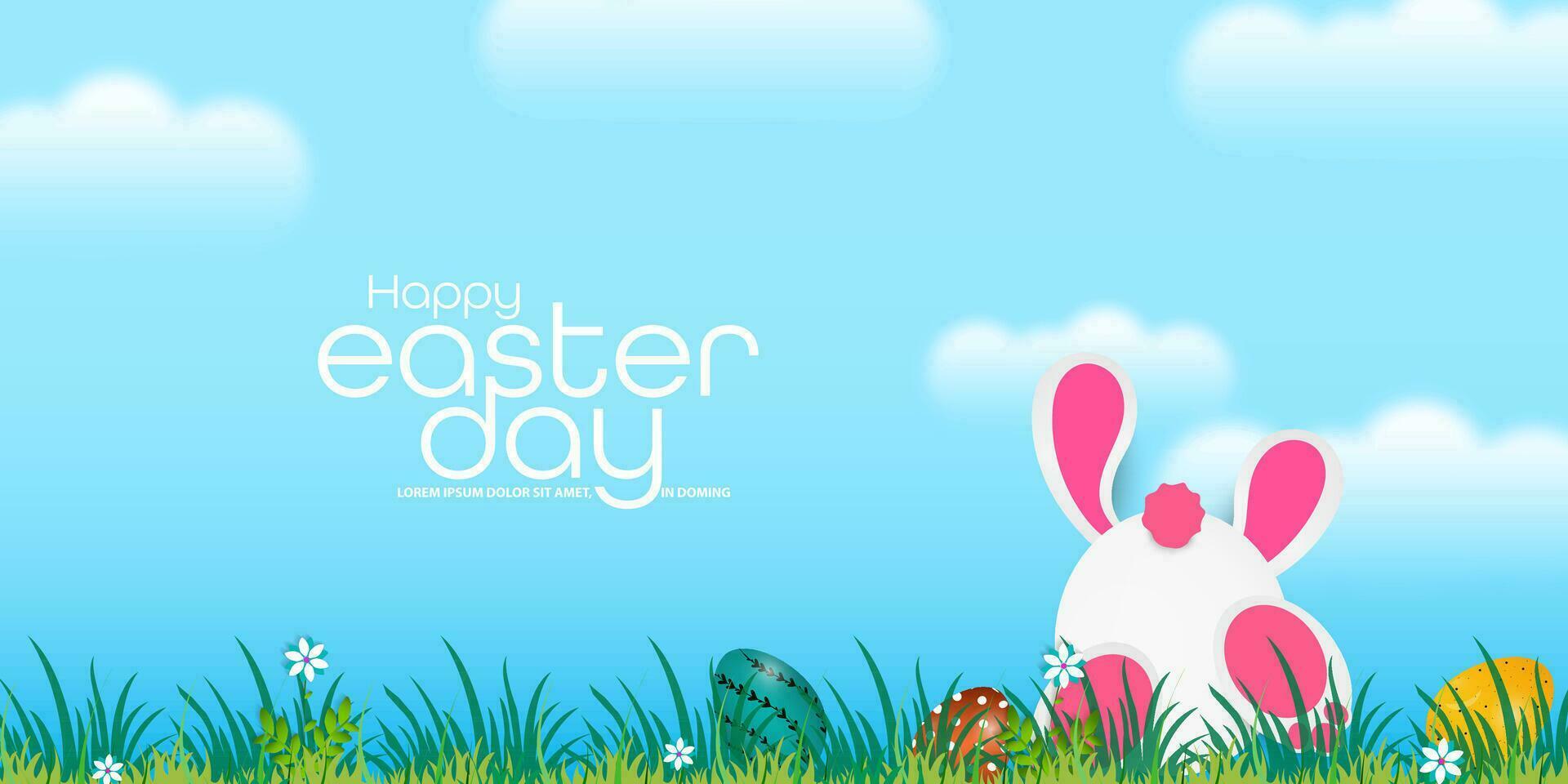Vector Illustration of the Easter poster and the banner with rabbits and beautifully painted eggs on the grass in the background of the blue sky.
