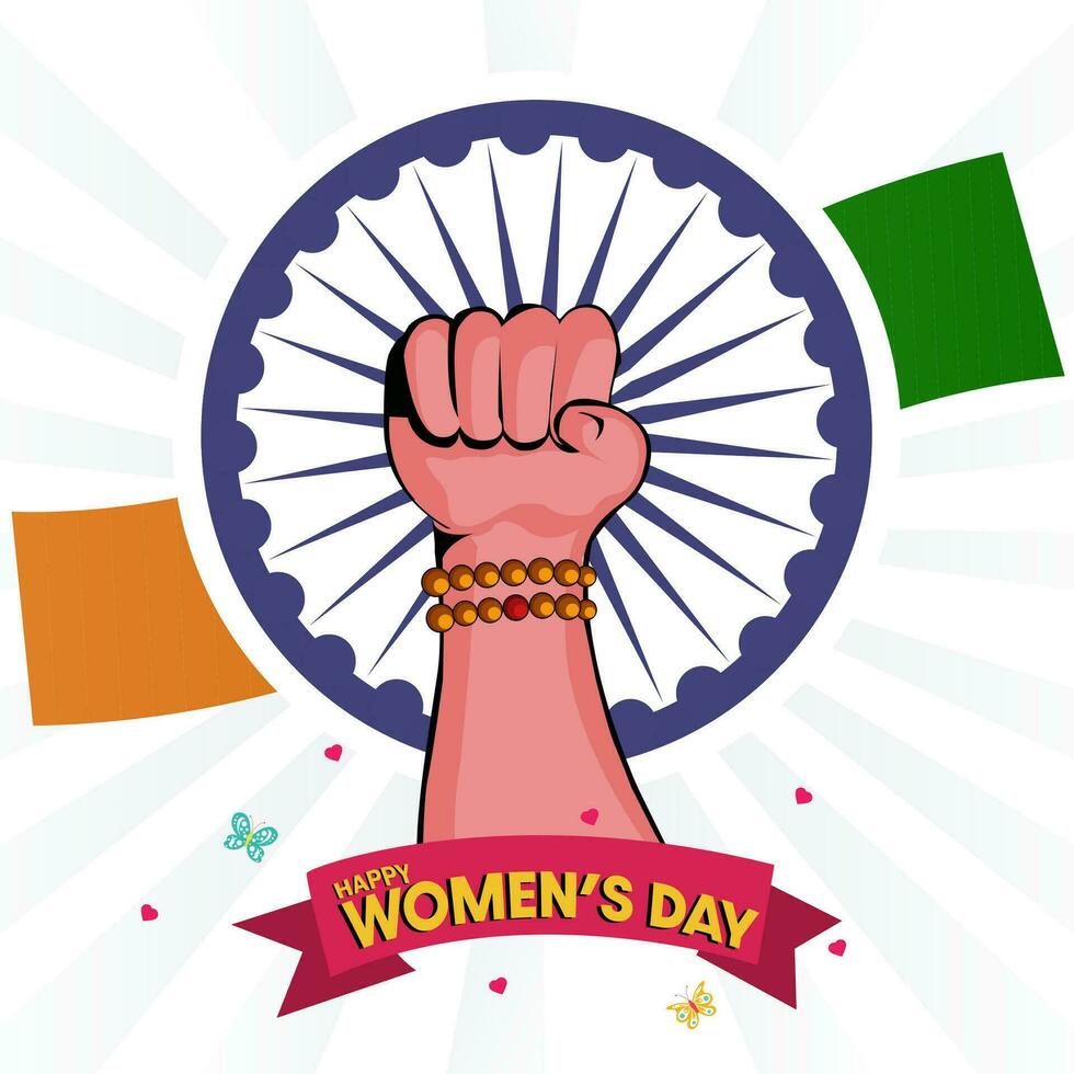 8 March Concept. International Women's Day poster with a hand fist and Indian flag. vector