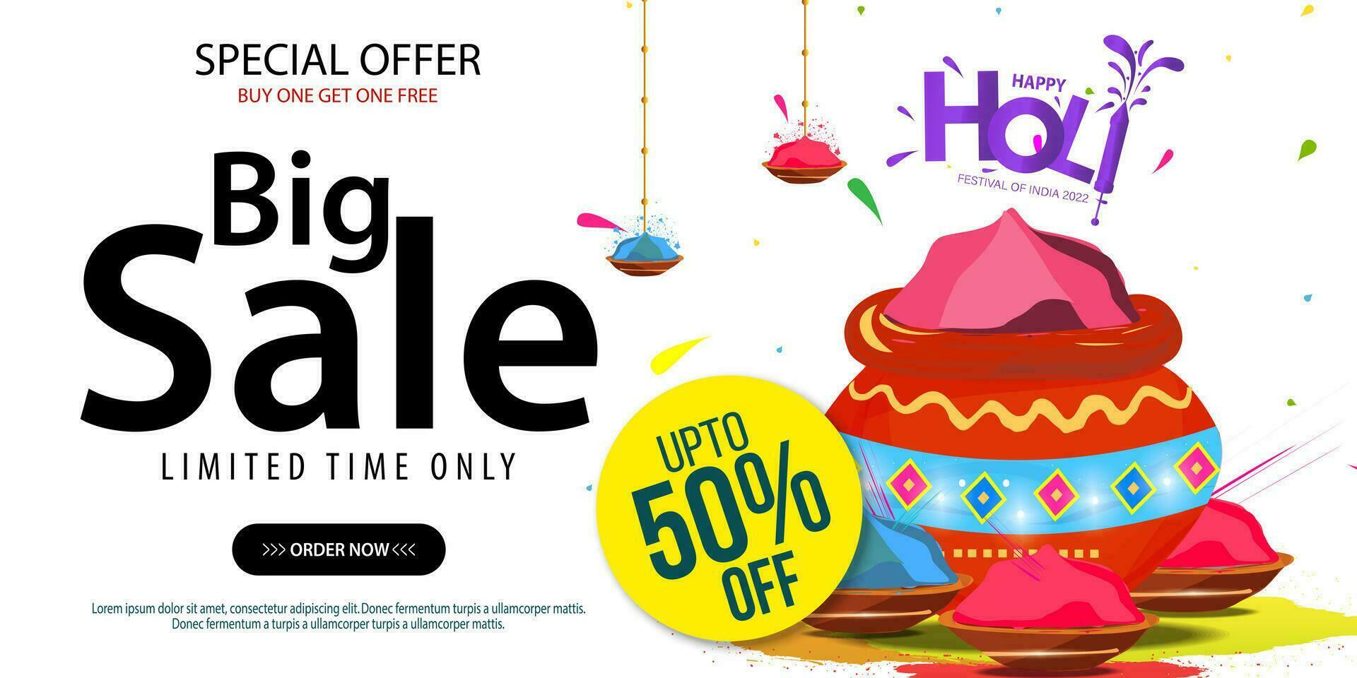 Big Sale Advertising Banner Design. Holi is the largest color festival celebrated in India. vector