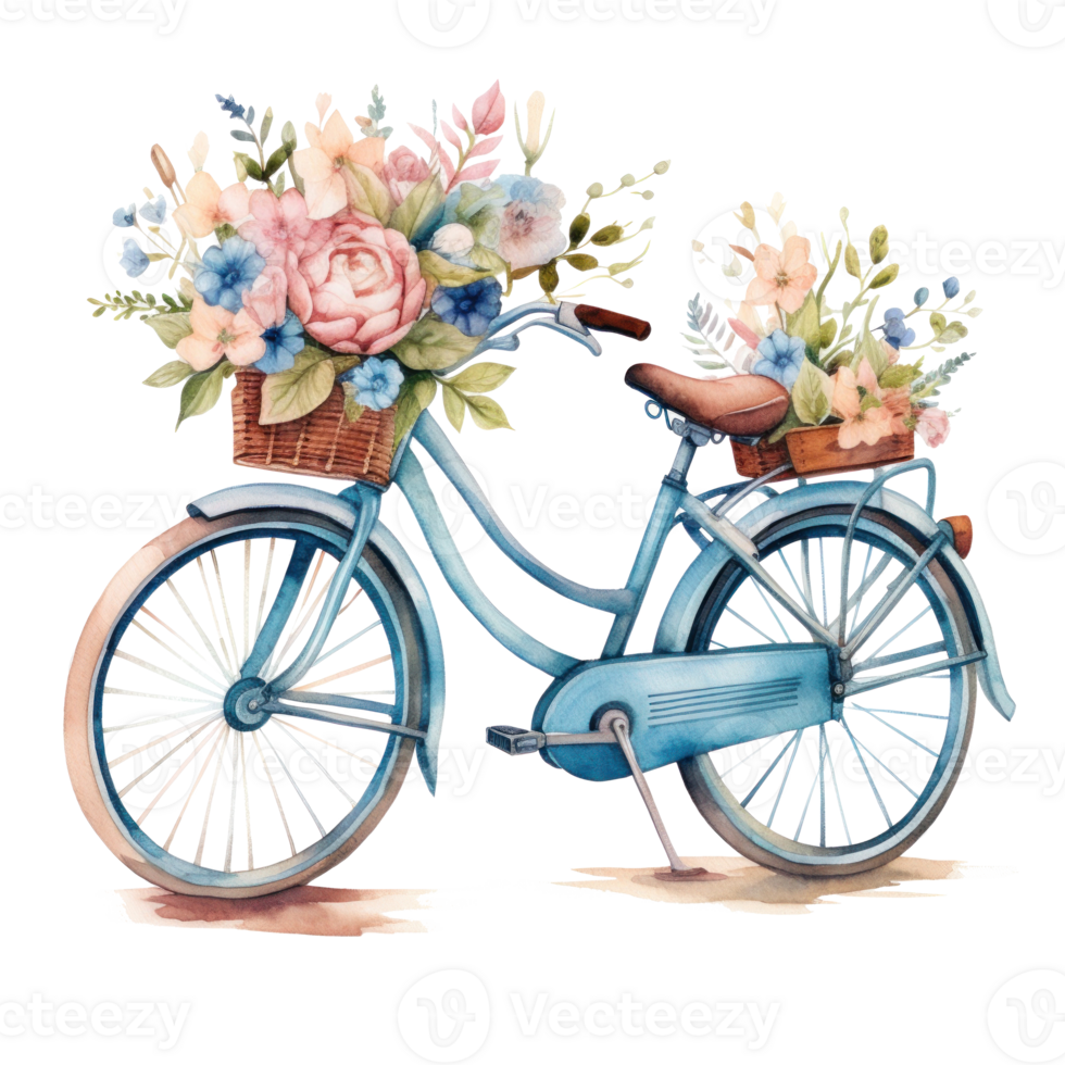 Cute watercolor bicycle with flowers. Illustration png