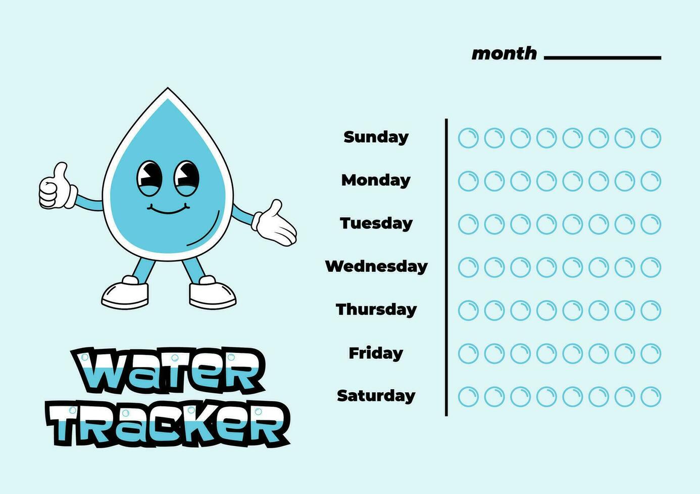 Daily water tracker balance vector calendar. Habit tracker concept and for effective planning. Drinking enough water, hydration challenge. Cute character in retro groovy style.