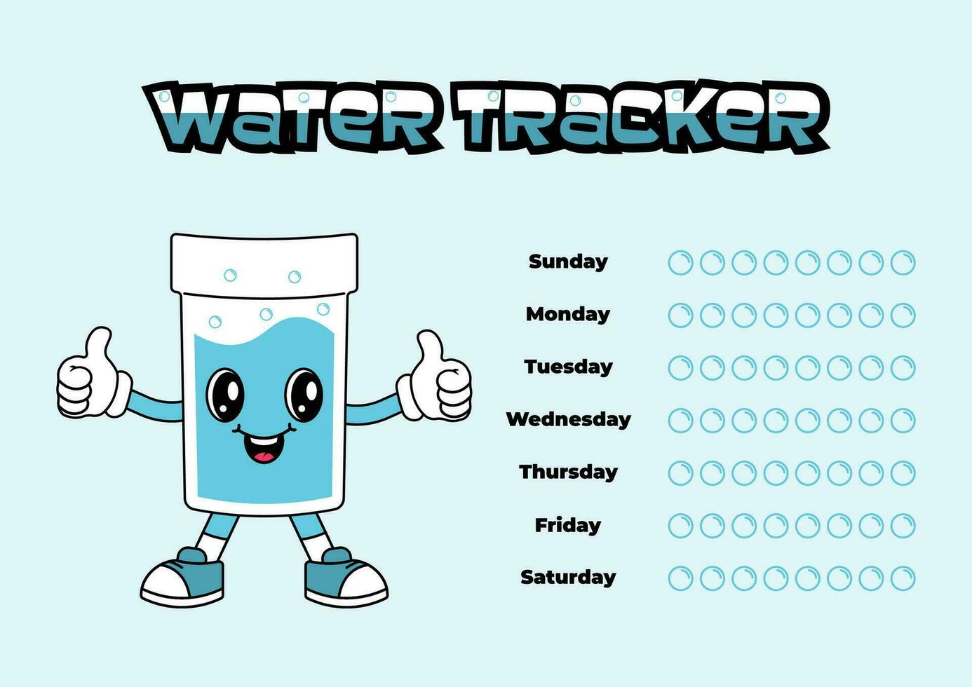 Daily water tracker balance vector calendar. Habit tracker concept and for effective planning. Drinking enough water, hydration challenge. Cute character in retro groovy style.
