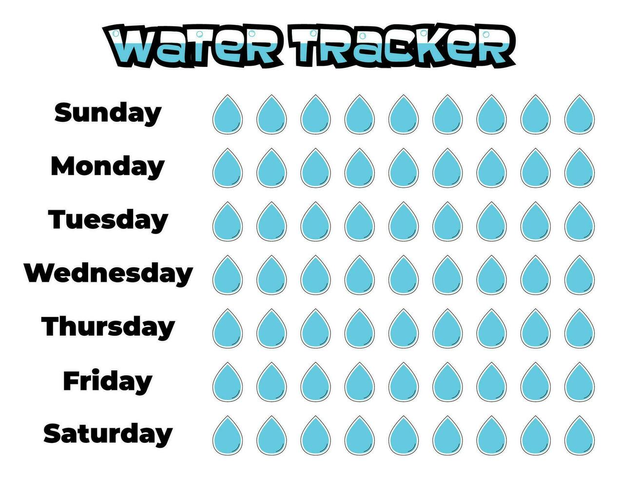 Daily water tracker balance vector calendar. Habit tracker concept and for effective planning. Drinking enough water, hydration challenge. Cute character in retro groovy style.