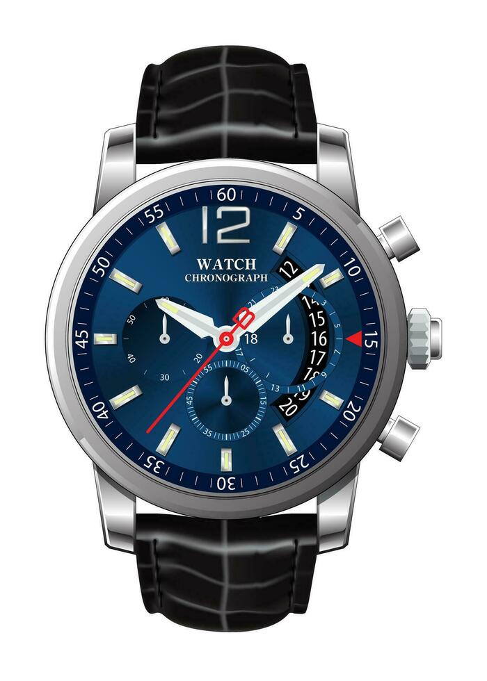 realista reloj reloj cronógrafo azul plata cuero Correa negro en blanco antecedentes vector. vector