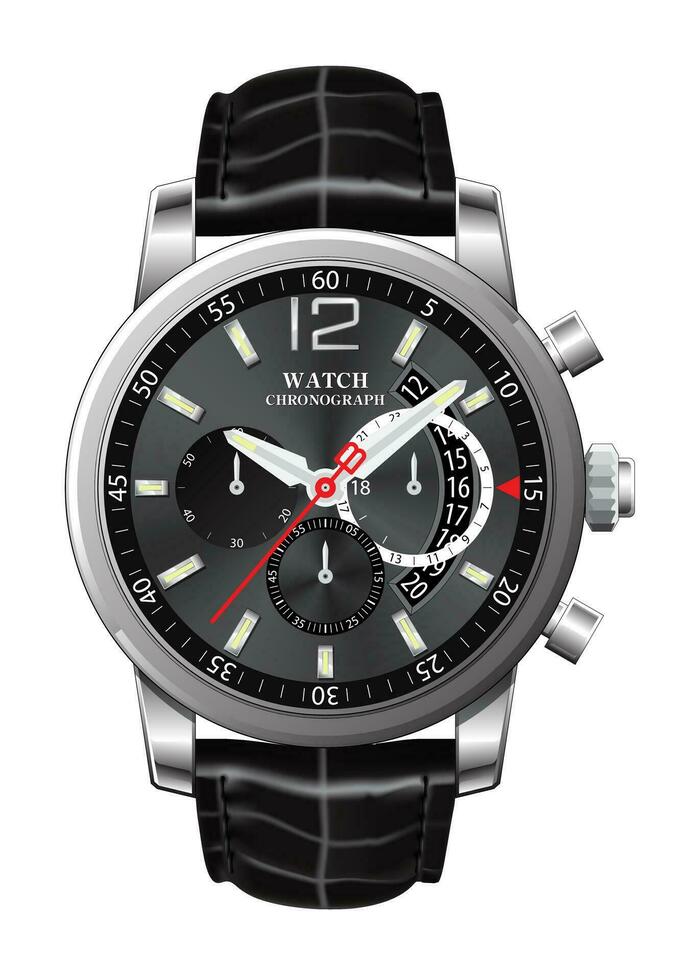 realista reloj reloj cronógrafo oscuro plata cuero Correa negro en blanco antecedentes vector. vector
