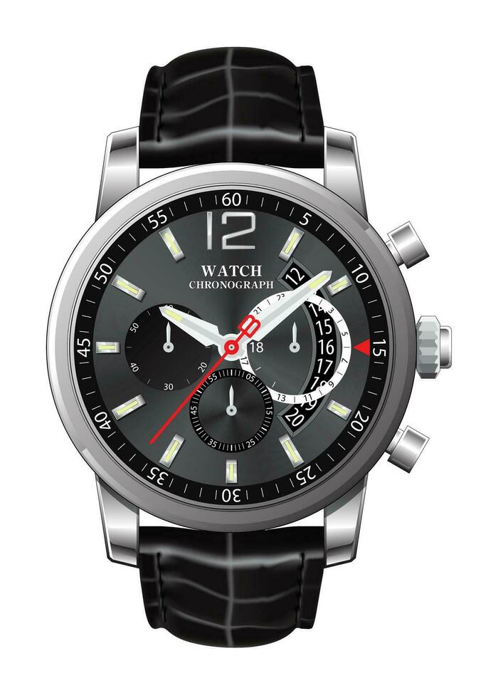 Realistic clock watch chronograph dark silver leather strap black on white background vector. vector