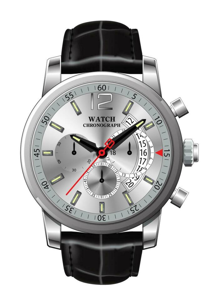 Realistic clock watch chronograph silver leather strap black on white background vector. vector