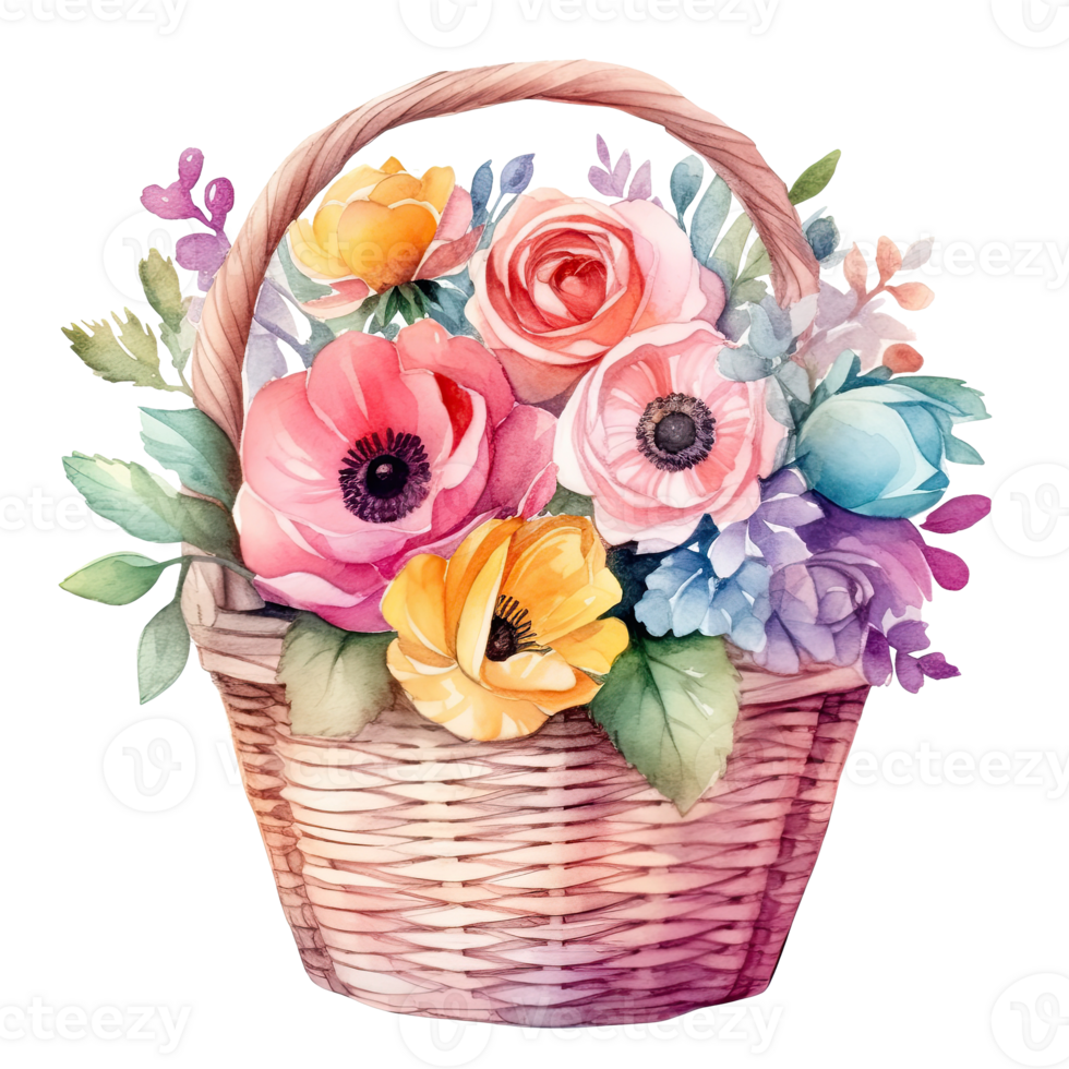 Cute watercolor flowers in basket. Illustration AI Generative png