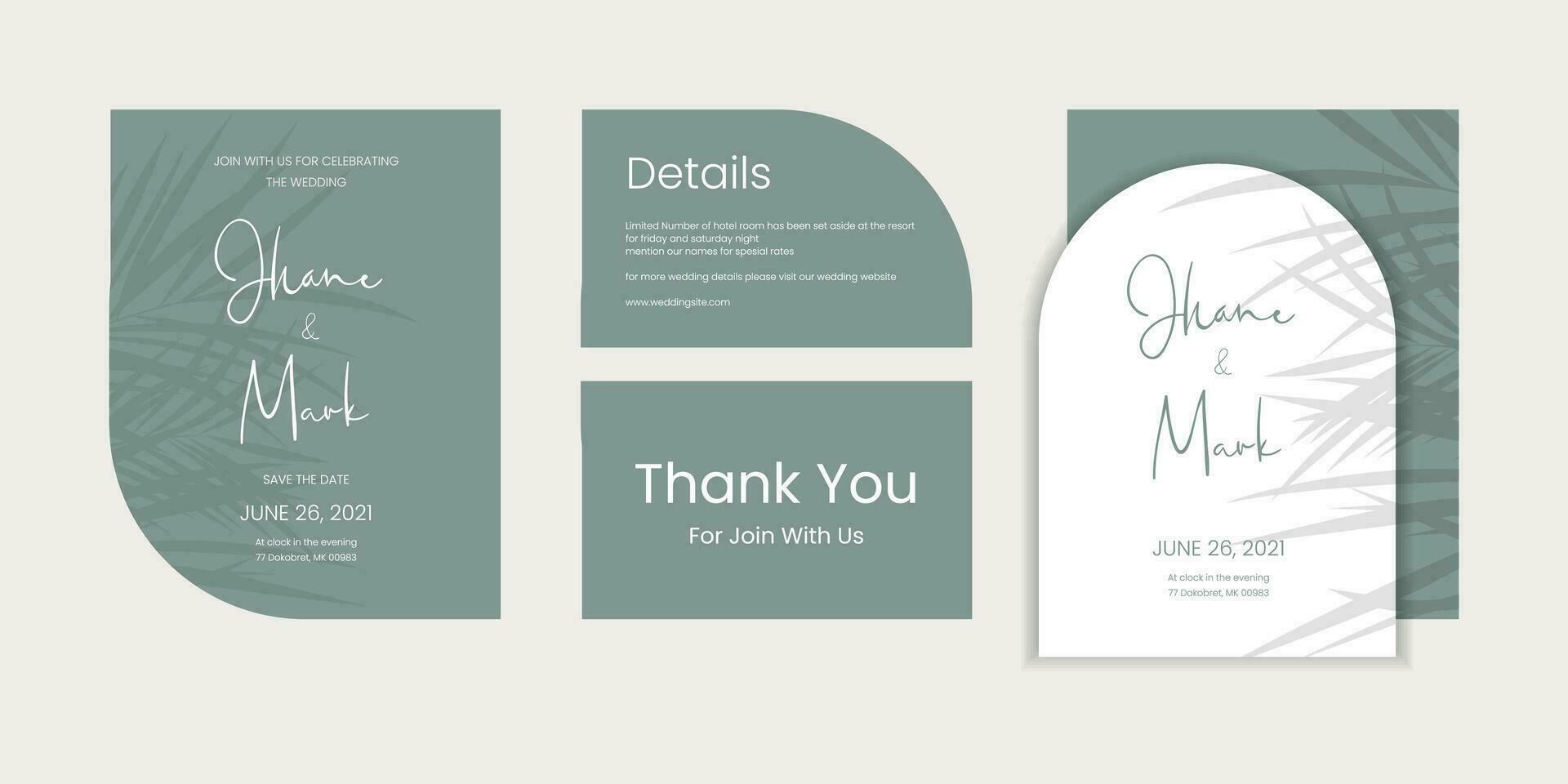 Modern wedding invitation, aesthetic dark blue wedding invitation template, arch shape with palm leaf shadow and handmade calligraphy. vector