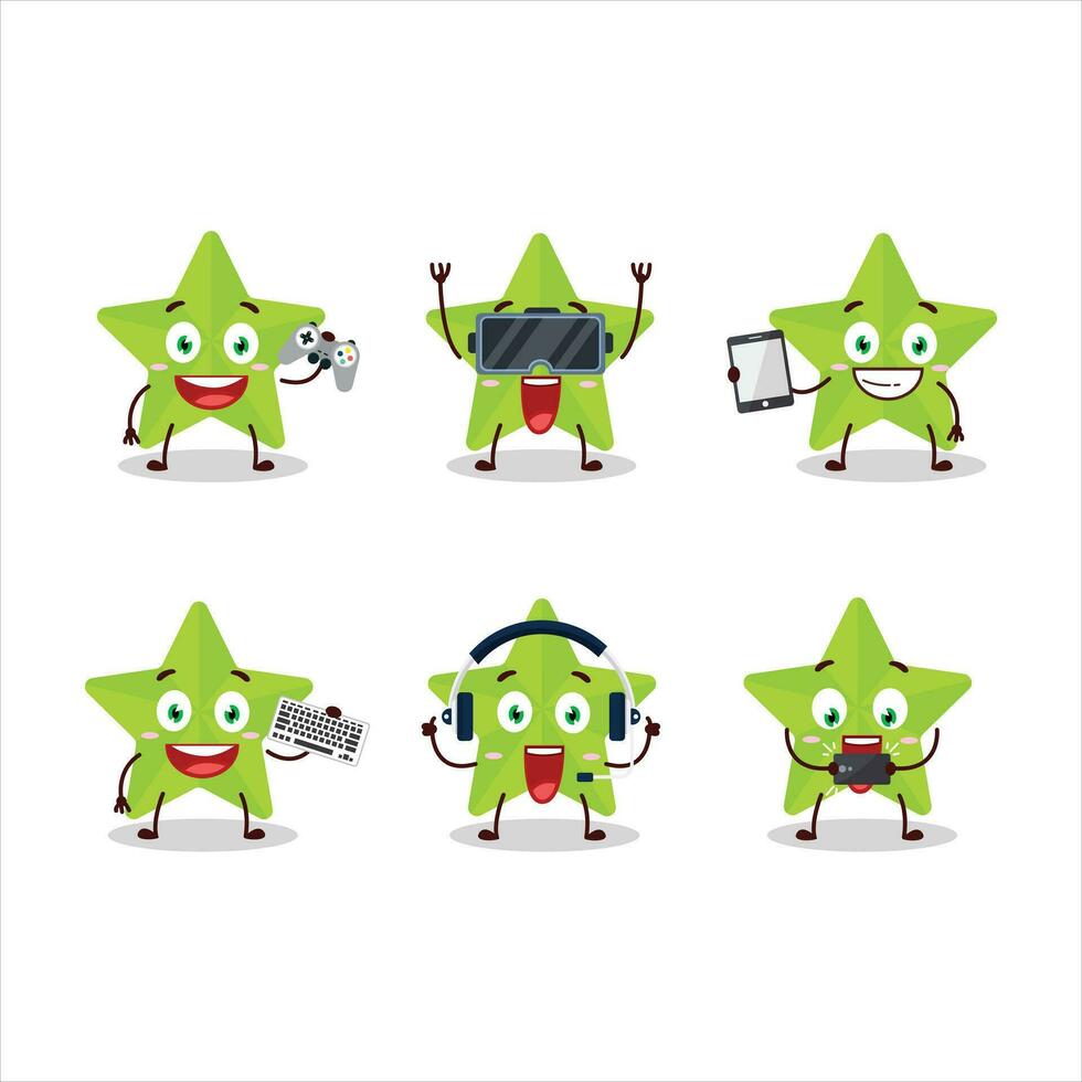New green stars cartoon character are playing games with various cute emoticons vector