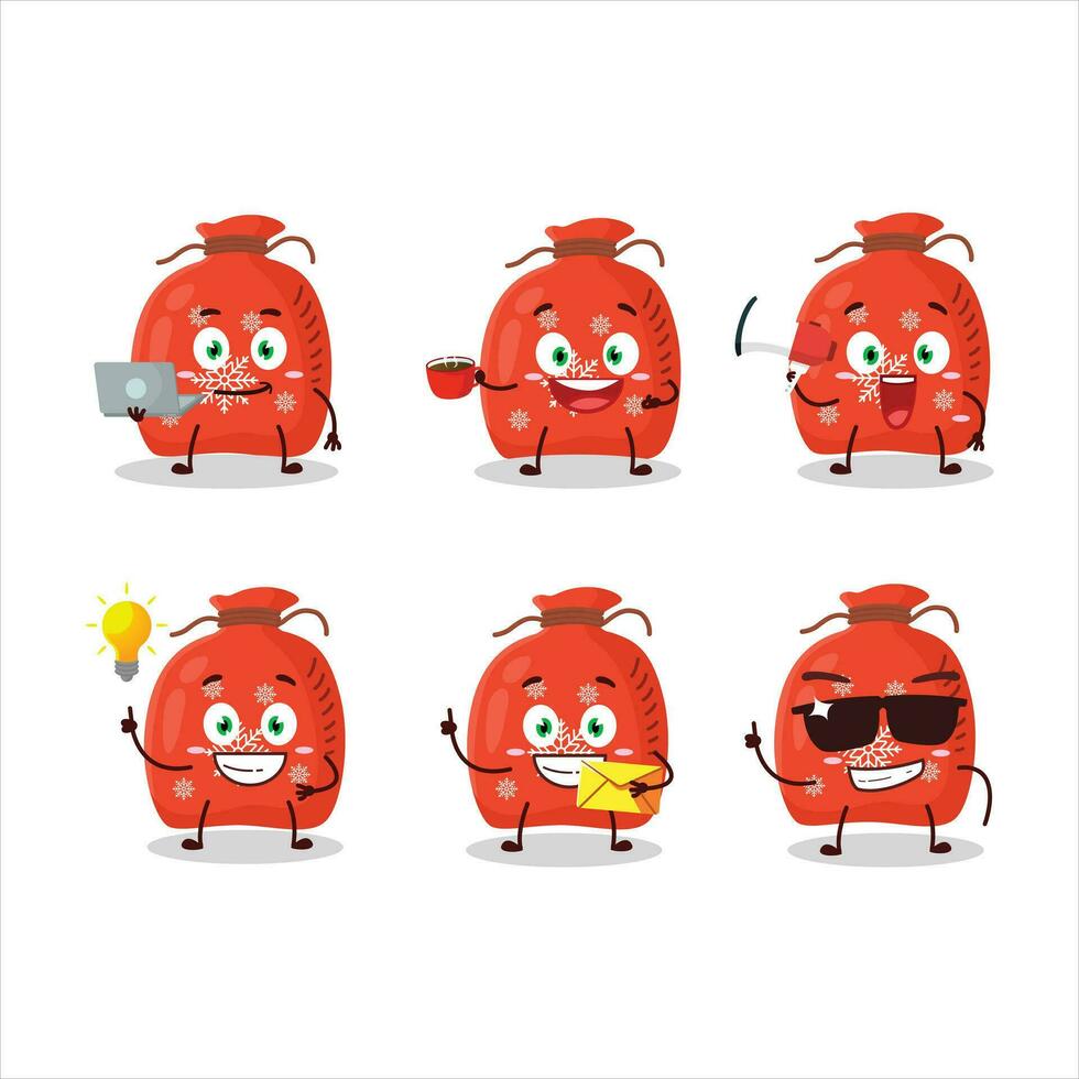 Red santa bag cartoon character with various types of business emoticons vector