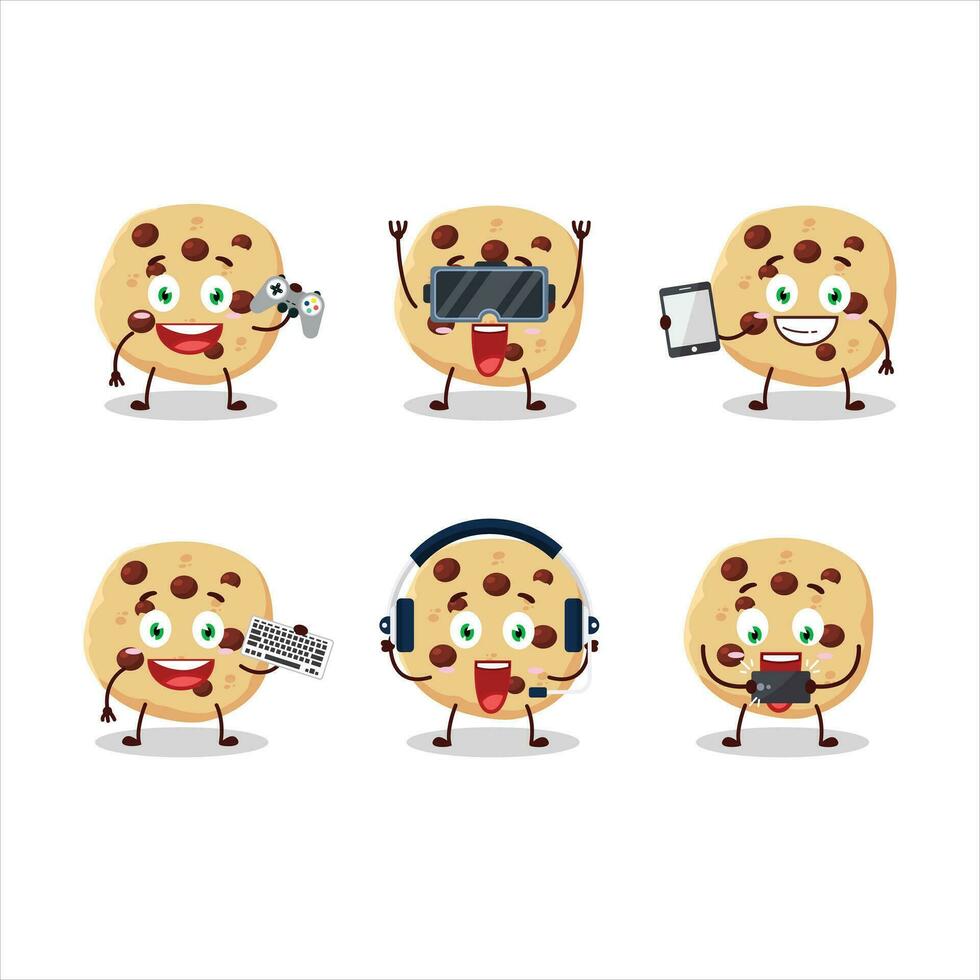 Chocolate chips cartoon character are playing games with various cute emoticons vector
