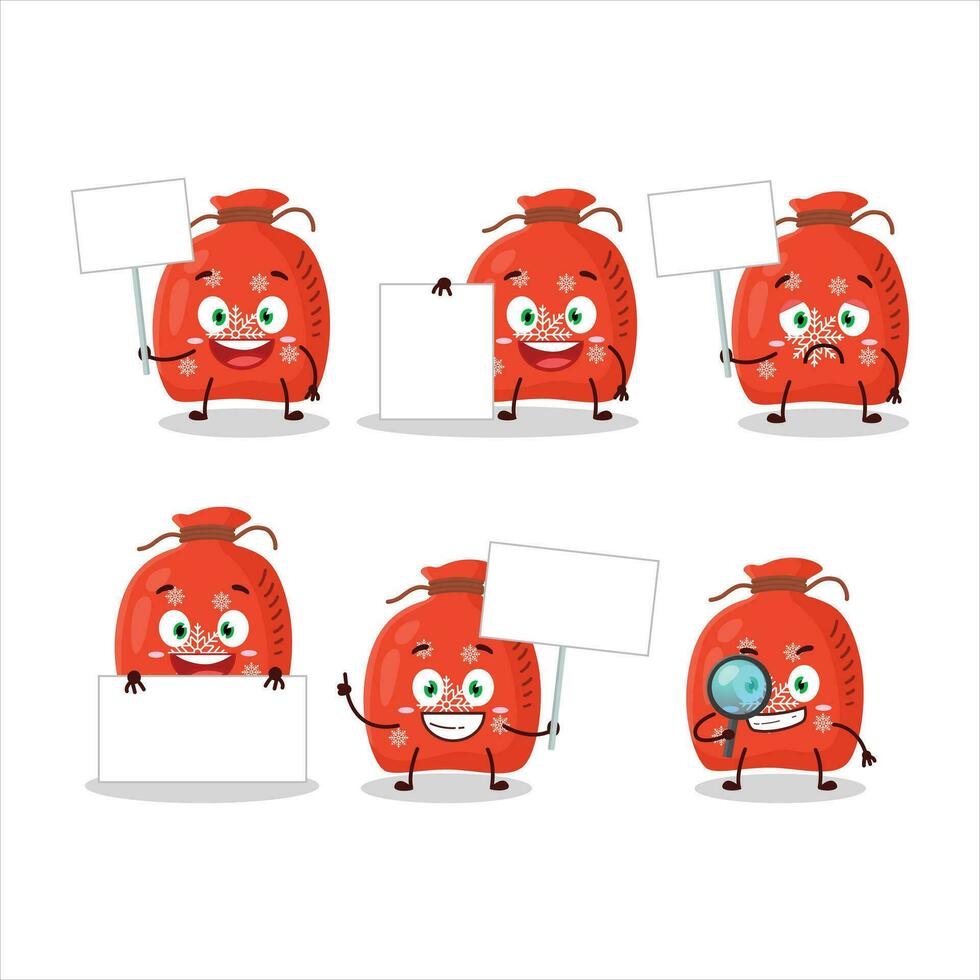 Red santa bag cartoon character bring information board vector