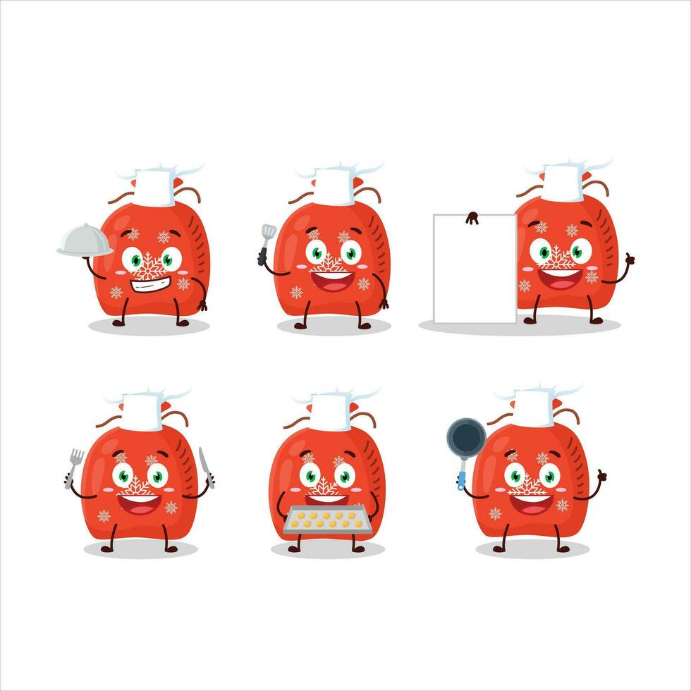 Cartoon character of red santa bag with various chef emoticons vector