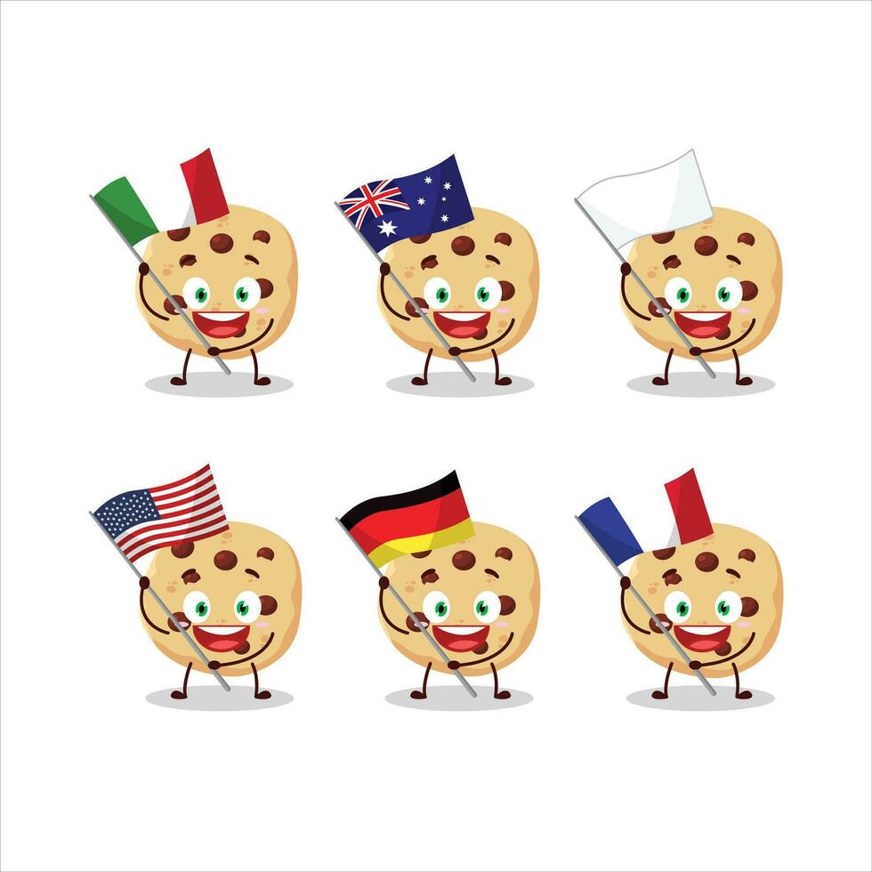 Chocolate chips cartoon character bring the flags of various countries vector