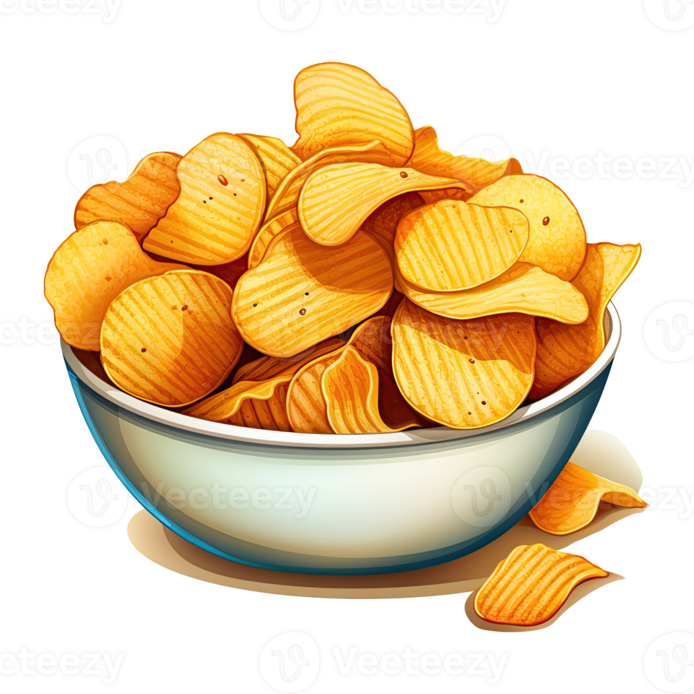 Crunchy and delicious fried potato chips clipart. Cartoon illustration of tasty fast food snack. Generative AI png