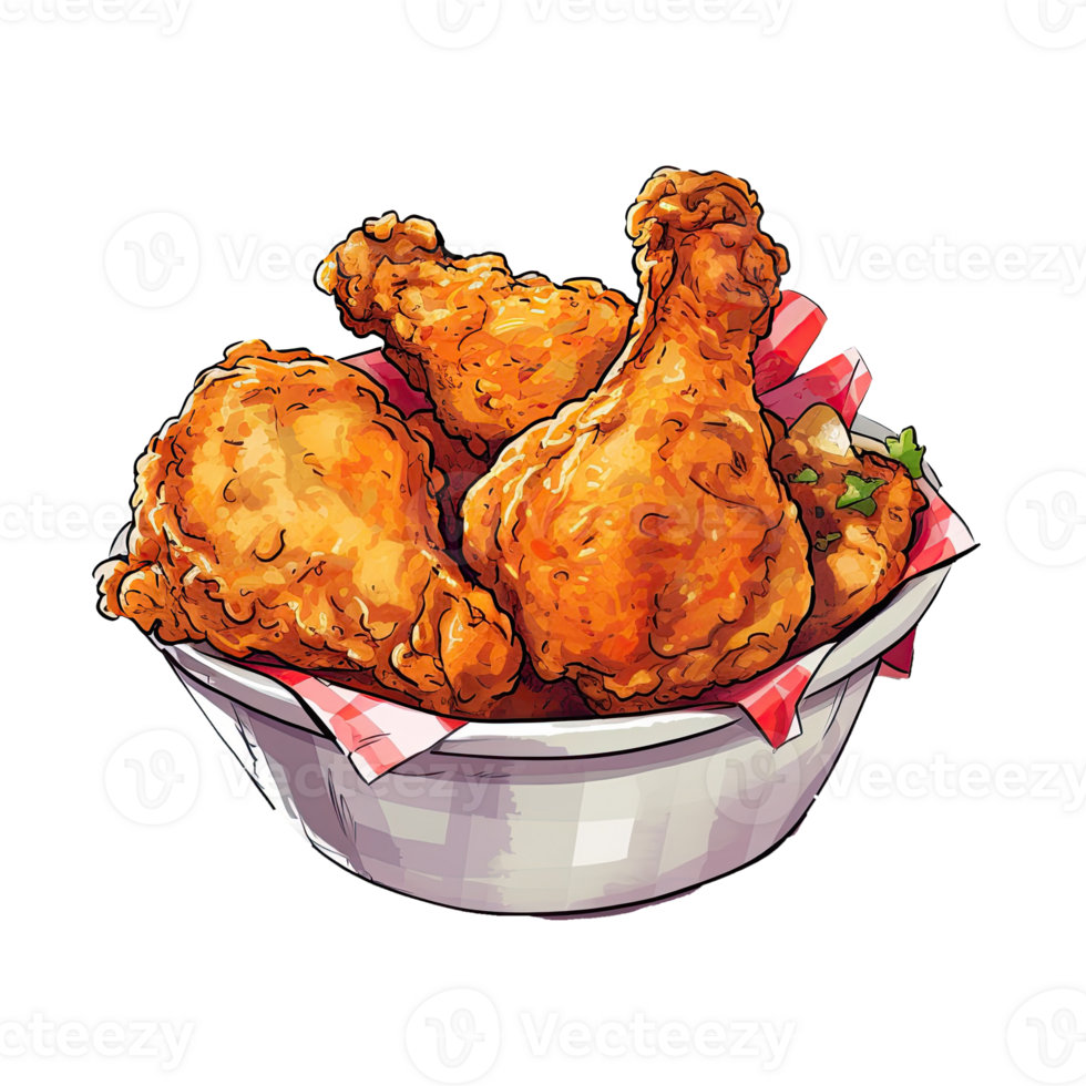 Yummy Fried Chicken. Cartoon Illustrations and Clipart of Tasty Fast Food Meal. Generative AI png