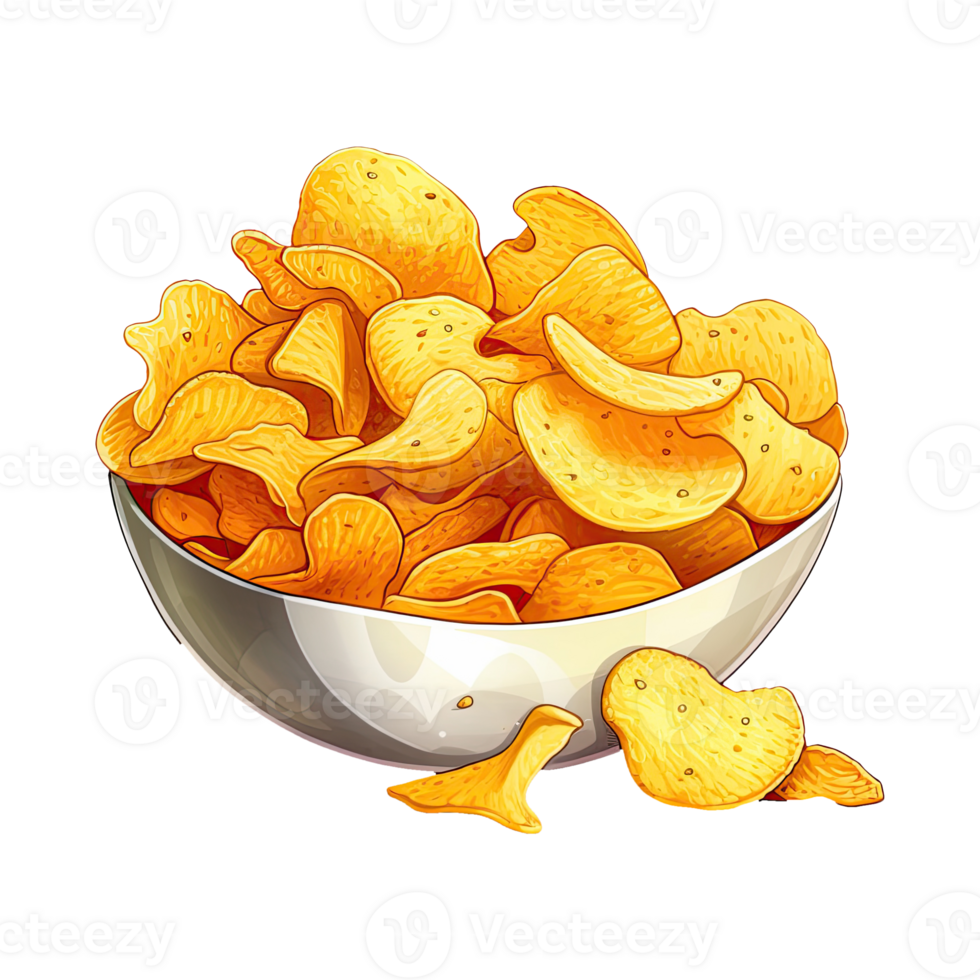 Crunchy and delicious fried potato chips clipart. Cartoon illustration of tasty fast food snack. Generative AI png