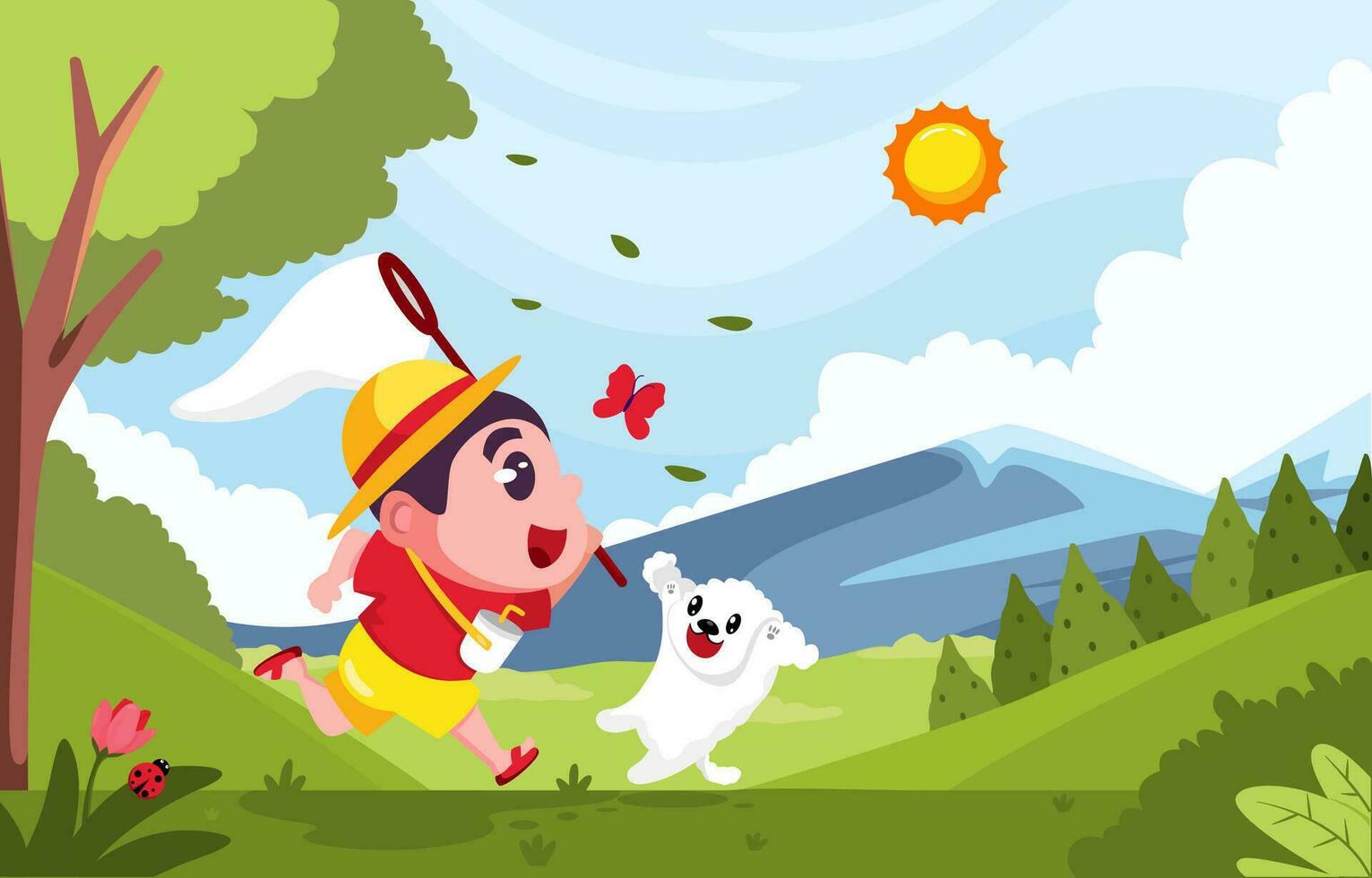 Cute Boy Hunting Butterfly With Puppy In Summer vector