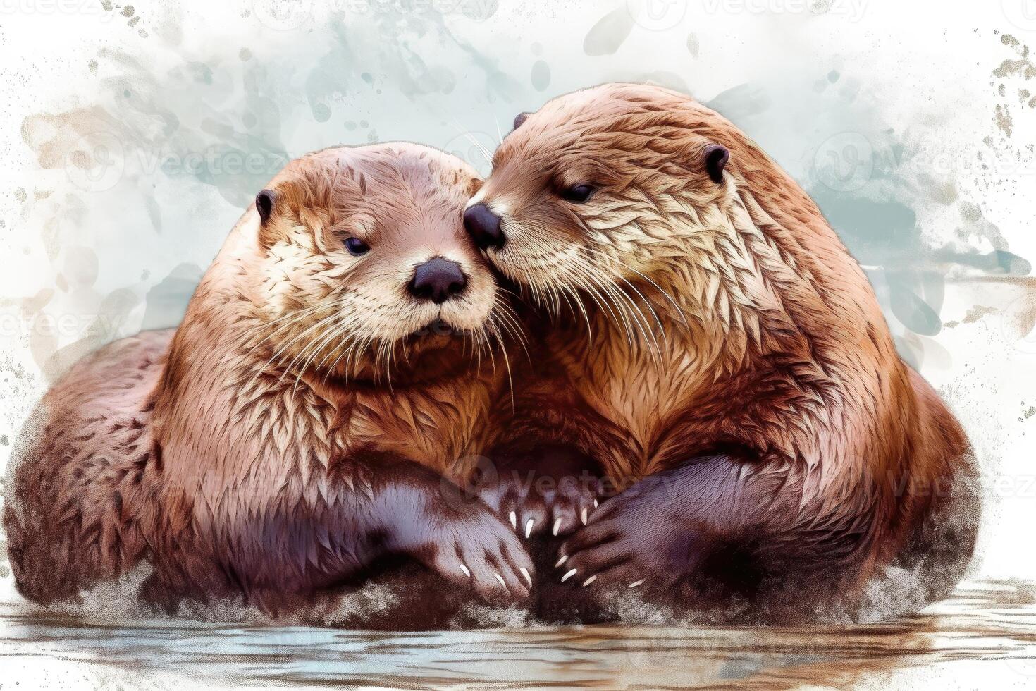 AI Generated Love between these two otters is evident in the way they cuddle and groom each other. Watercolor Painting. photo