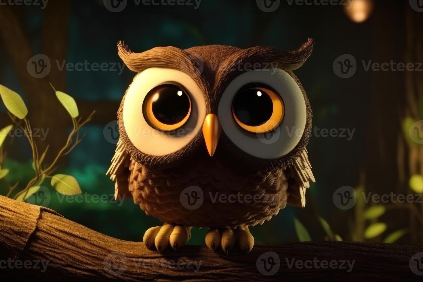 3D cartoon big eye wise old owl is perched on a branch, watching over the forest at night. photo