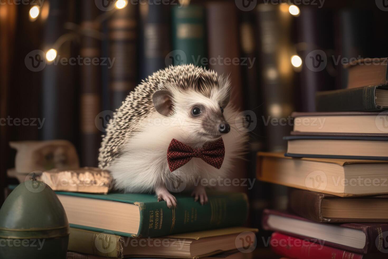 AI Generated Charming hedgehog wearing a tiny bow tie, surrounded by books in a cozy library. photo