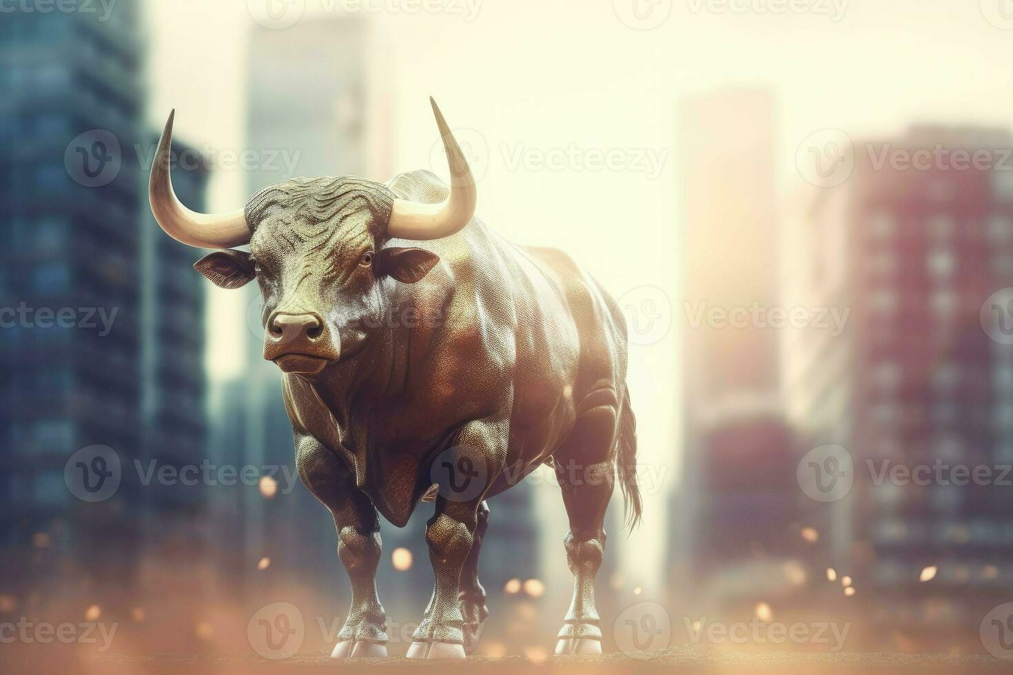 AI Generated 3D illustration of a big bull on blur city background. Business and trading up trend concept. photo