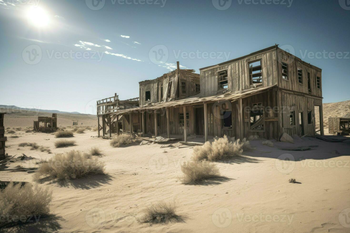 AI Generated Abandoned ghost town in the middle of the desert. photo