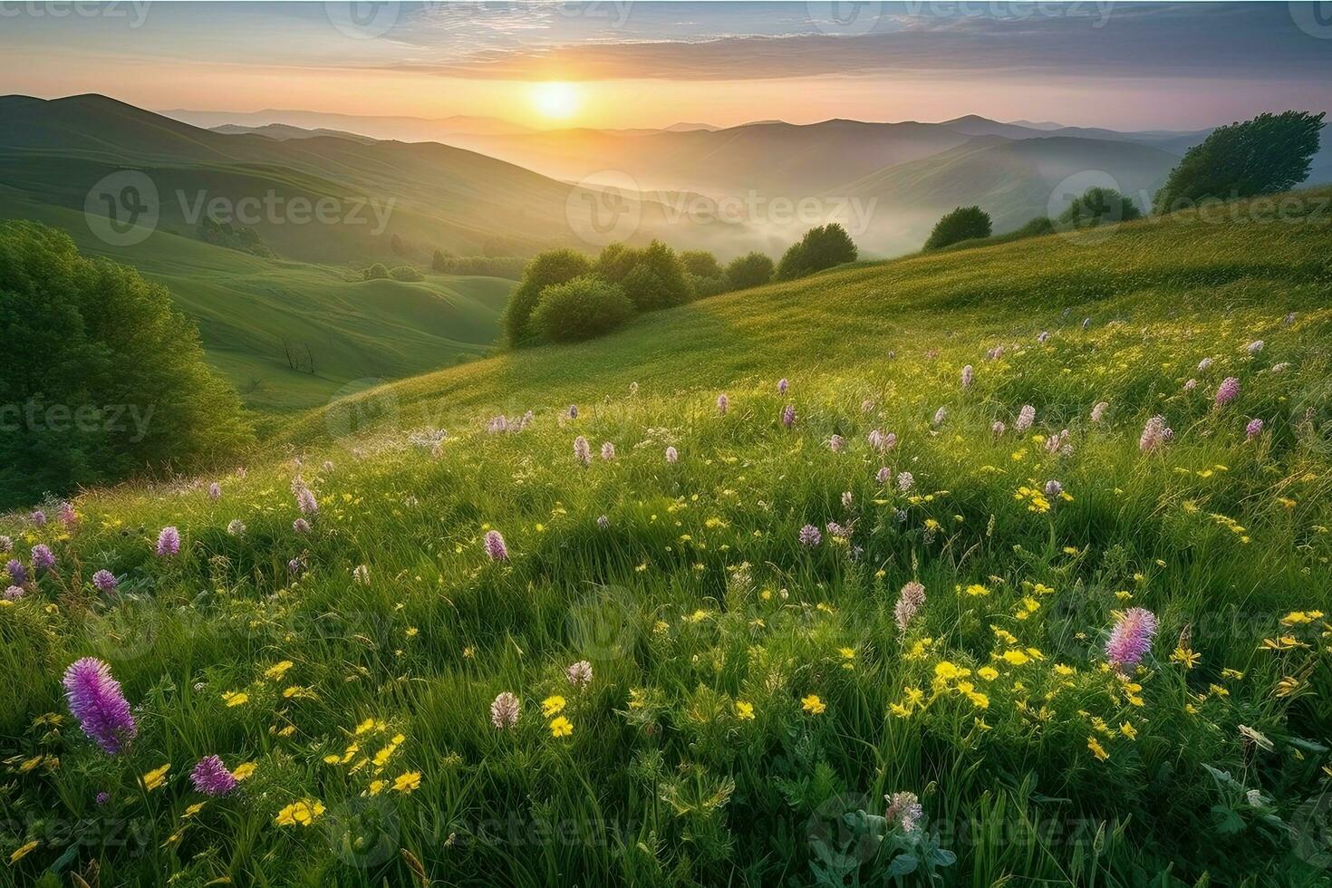 AI Generated The sun-kissed meadow stretched as far as the eye could see in this magical land. photo