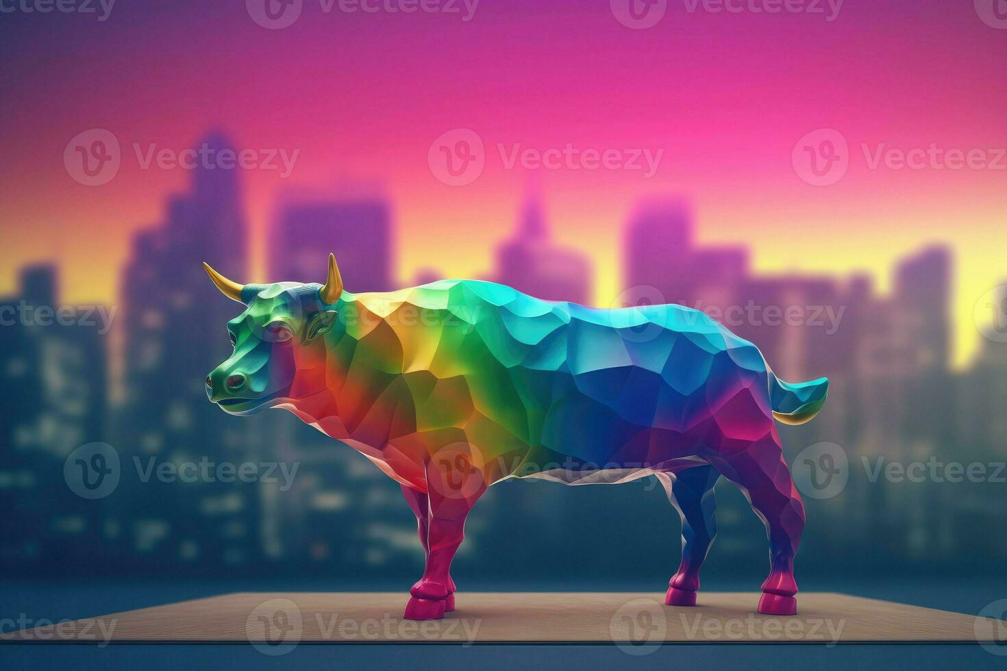 AI Generated 3D illustration of a big colorful bull on blur city background. Business and trading up trend concept. photo