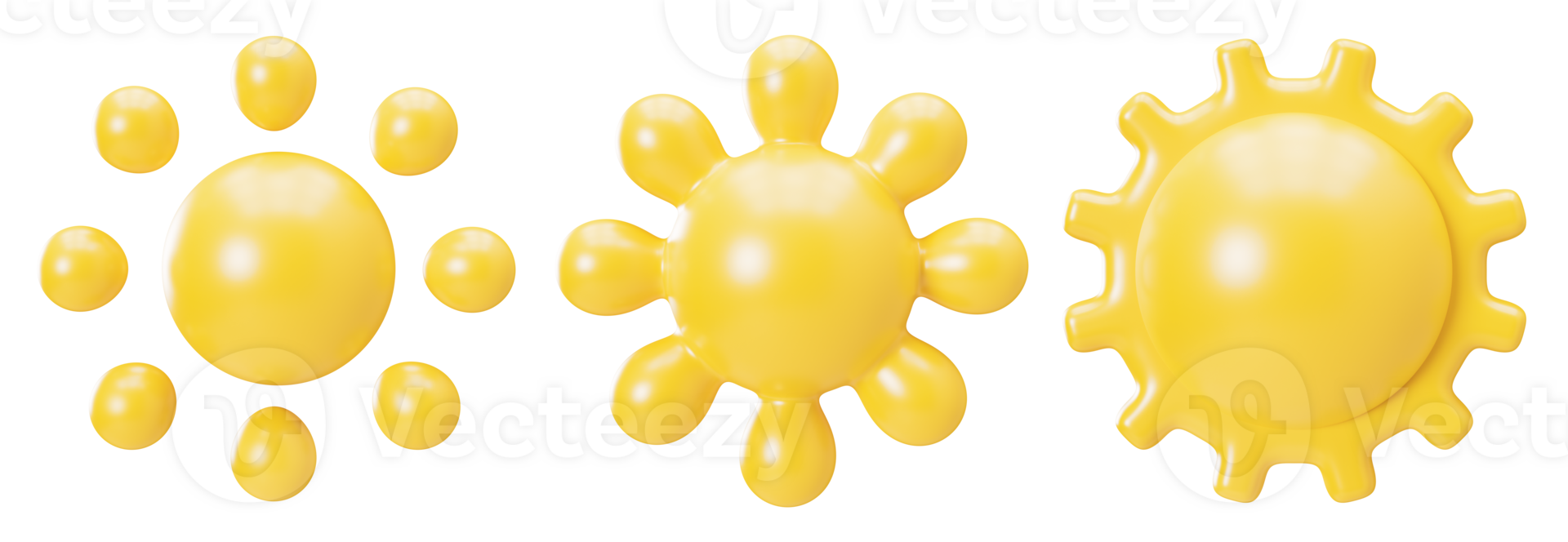 Yellow 3D suns group on transparent background. Cut out design elements. Cute cartoon style sun. 3D render. png