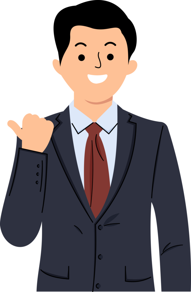 enthusiastic businessman pointing finger left or smiling corporate man showing advertisement standing in suit over white background png