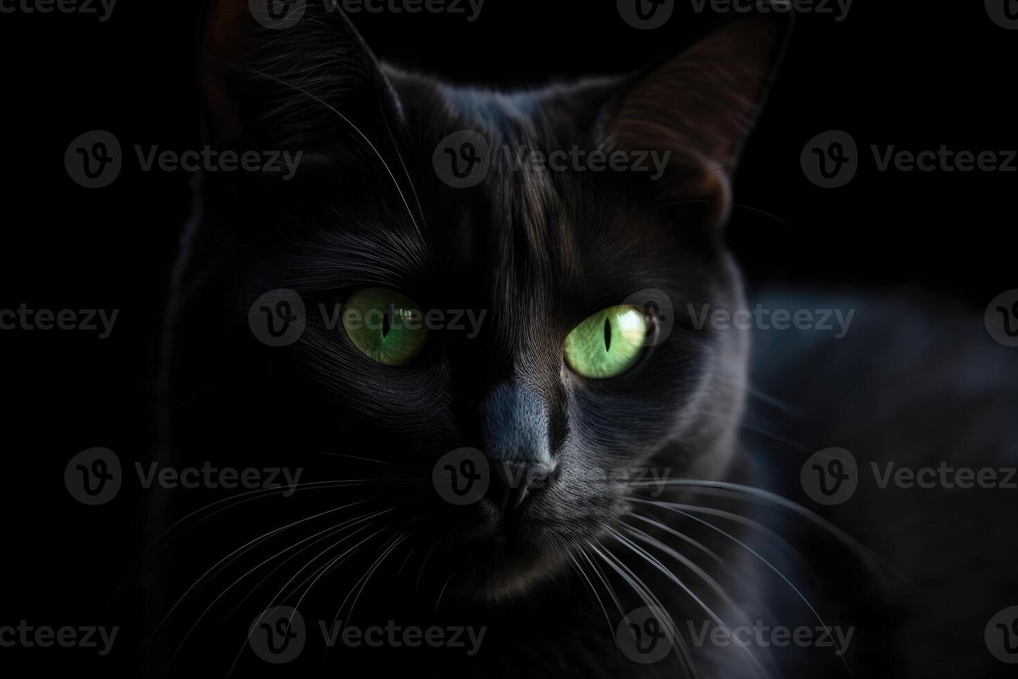 AI Generated Minimalist portrait of a sleek black cat, with piercing green eyes and subtle shadows. photo