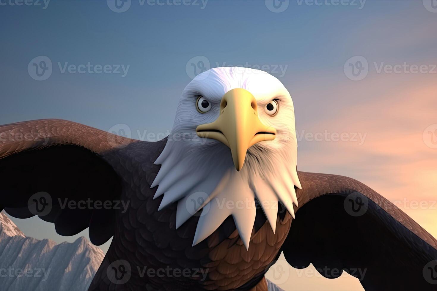 3D cartoon majestic eagle soars through the sky. Its sharp eyes scanning the landscape below. photo