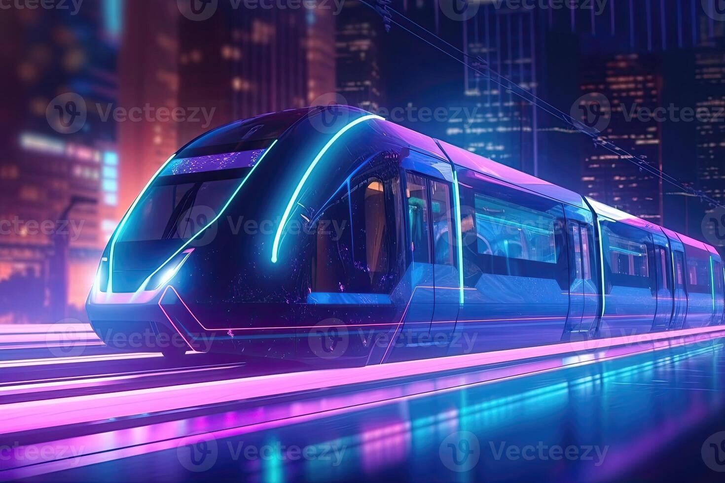The automated transportation system whisks passengers through the city at lightning speed neon background. Technology concept. photo