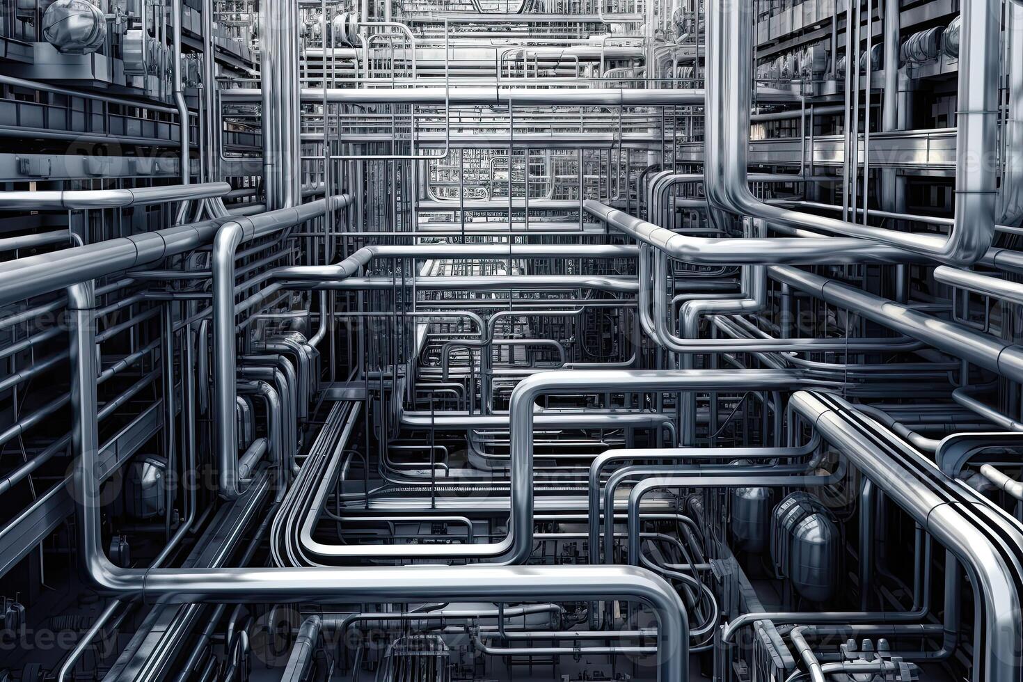 AI Generated Maze of metal pipes and wires of the semiconductor factory creates an intricate, almost artistic pattern. photo