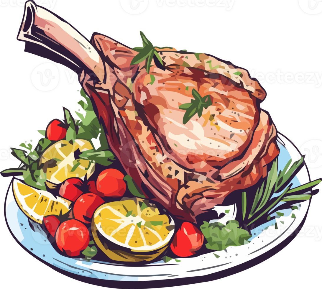 grilled lamb steak with asparagus and tomatoes, paidakia greek traditional food, png